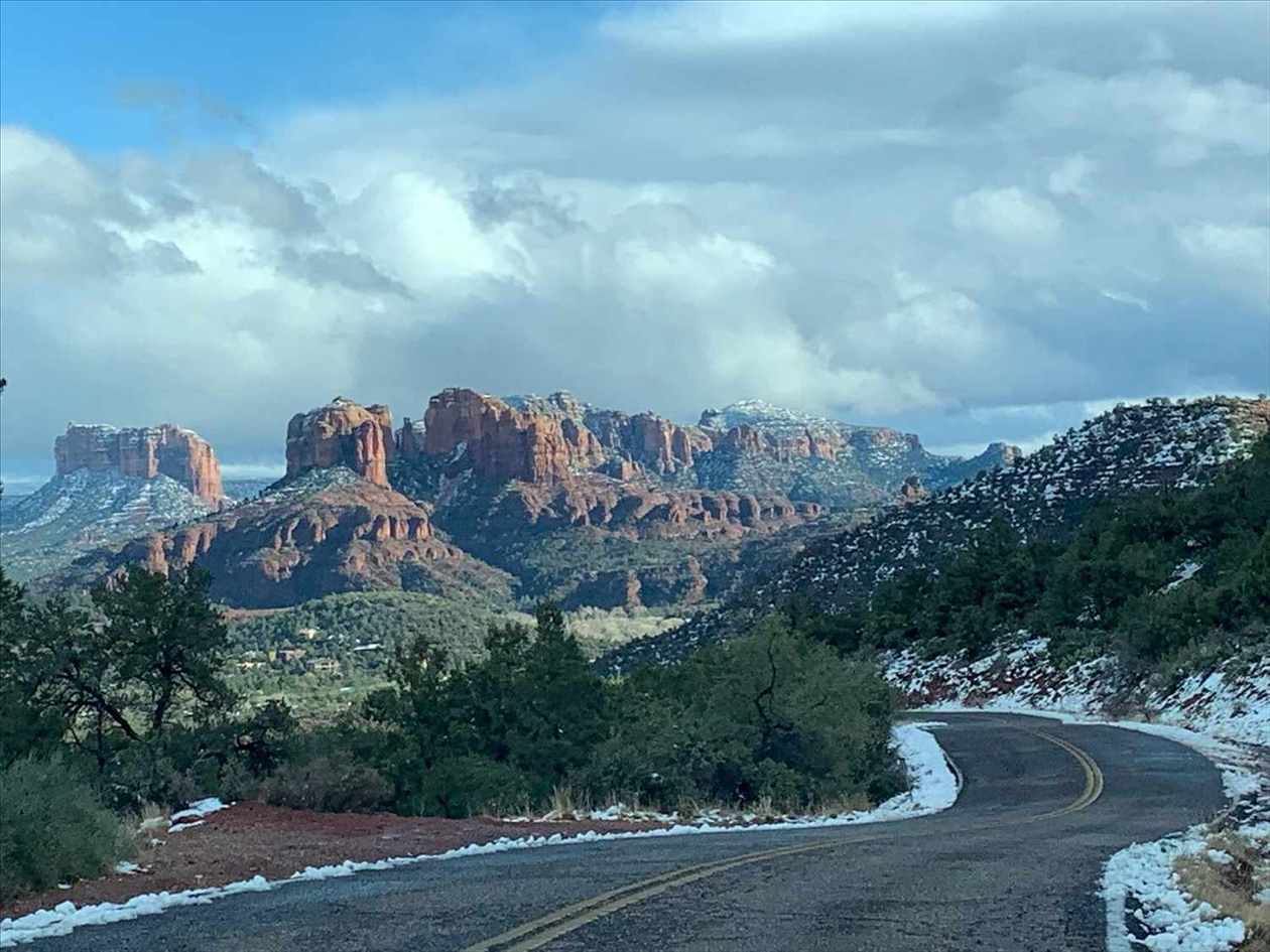 Cathedral Rock and Sedona's red rocks under winter snow