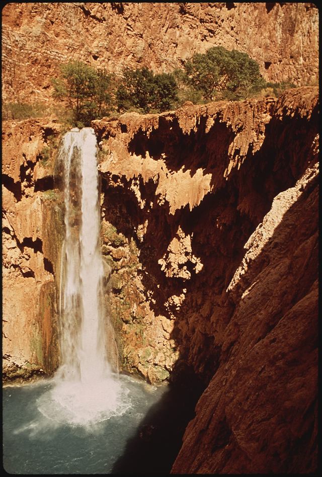 Havasu Falls' blue-green waterfall in the Grand Canyon, homeland of the Havasupai Tribe (U.S. National Archives, EPA DOCUMERICA Project)
