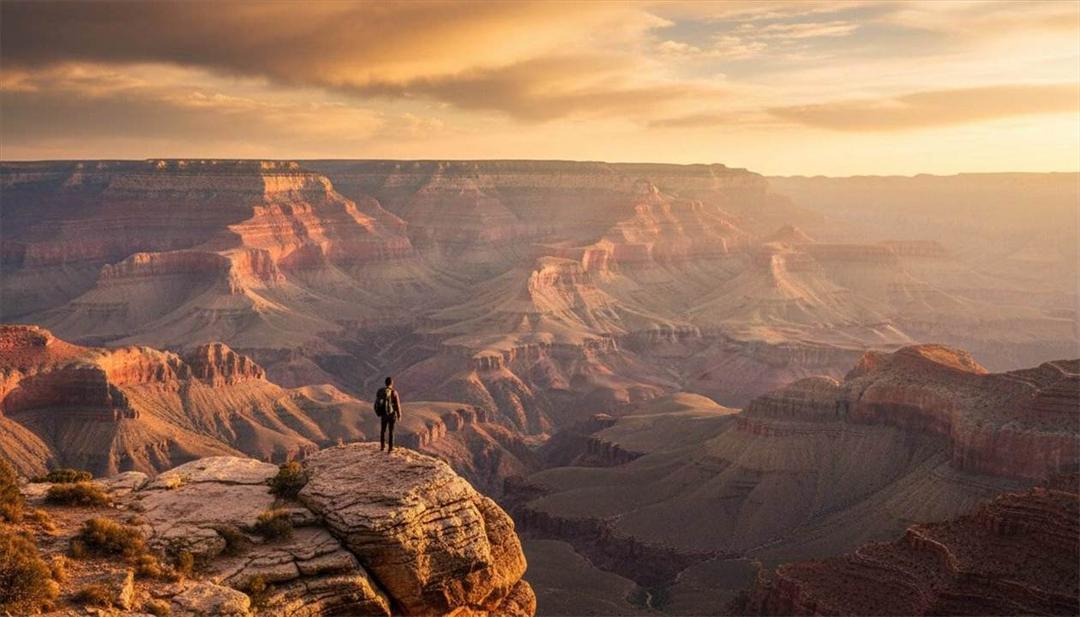 Explorer at the Grand Canyon South Rim at golden hour