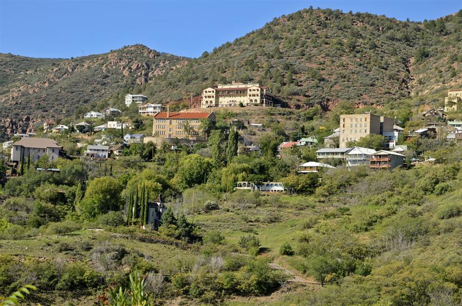 Historic Jerome, Arizona, its buildings terraced up the slopes of Cleopatra Hill above the Verde Valley
