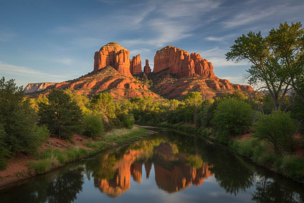 Cathedral Rock red rock formation reflected in Oak Creek at sunset, Sedona Arizona